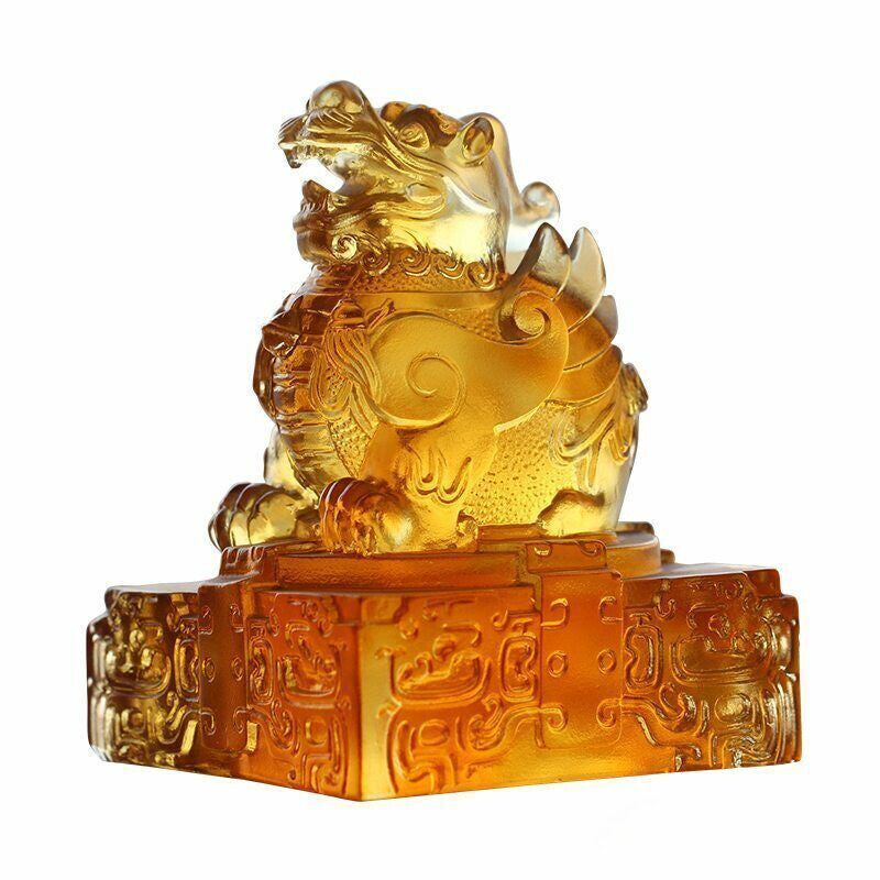 Liu Li Crystal Glass Pi Xiu Seal Statue Feng Shui Ornament Mascot Gift