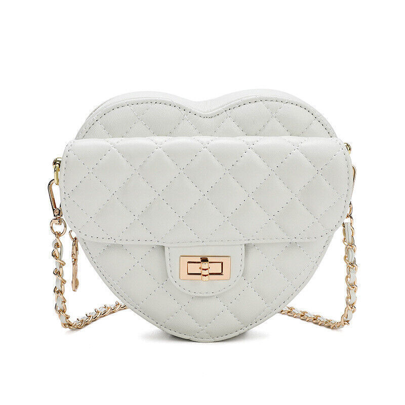 Small Mini Quilted Sheepskin Leather Heart Bag Clutch Shoulder Purse w/ Chain