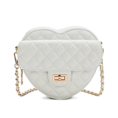 Small Mini Quilted Sheepskin Leather Heart Bag Clutch Shoulder Purse w/ Chain