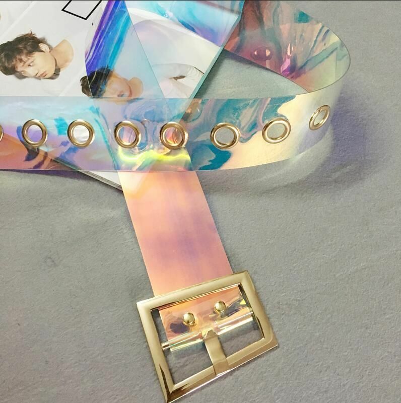 Women Transparent Belts Trapezoid Gold Metal Buckle Wide Dress Jeans Waistbands