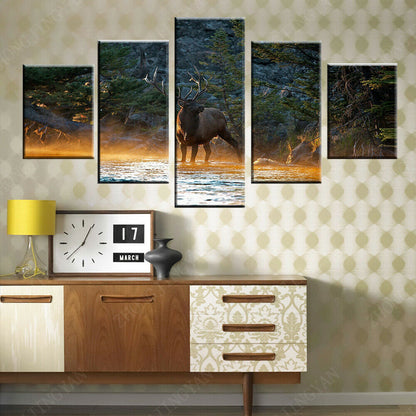 5 Pieces Animal Deer In Forest Stream Elk Sunset Landscape Paintings HD Prints