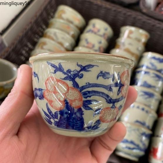 Chinese Old Clay Hacker Blue and White Porcelain 120ml Longevity Peach Cup -