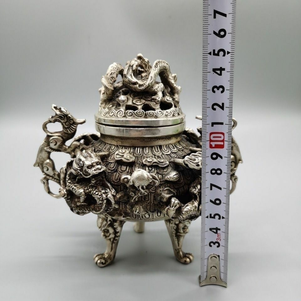 Silver Nine Dragon Censer Old Stamp Tripod Incense Burner Statue Collection