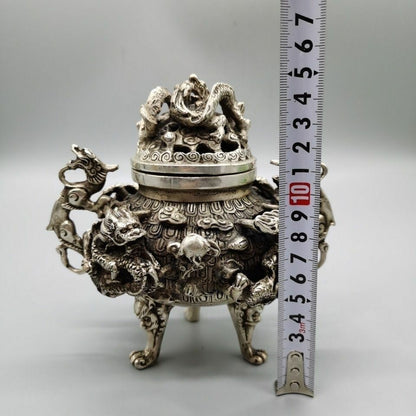 Silver Nine Dragon Censer Old Stamp Tripod Incense Burner Statue Collection