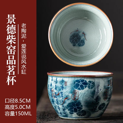 Blue White Antique Old Clay Kungfu Tea Master Cup Ceramic Fengshui Cylinder Cup