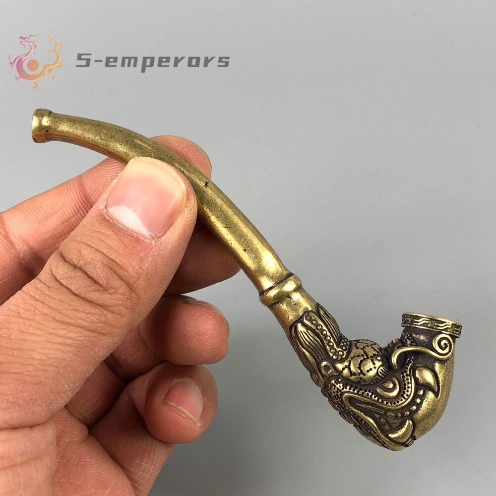 Chinese Old Brass copper Handwork Lifelike Dragon Sm0king Pipe Statue