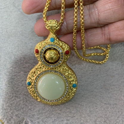 Chinese Style Rotatable Luminous Gourd Pendant Inlaid Diamond Gilt Necklace