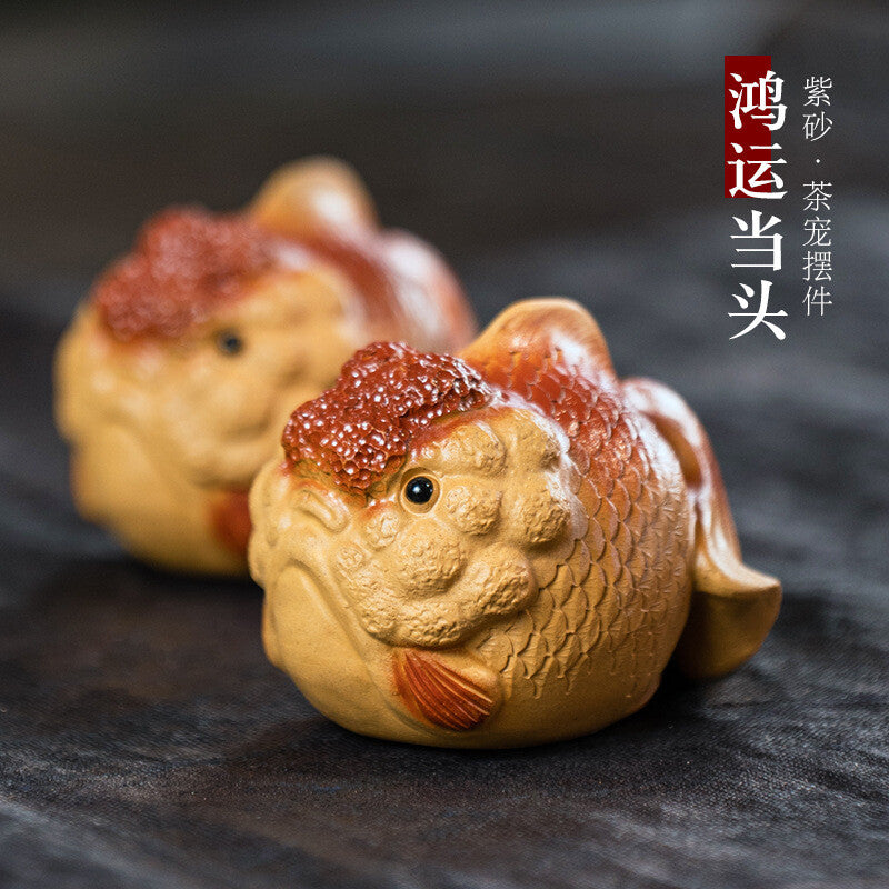 Creative Tea Pet Handmade Arowana Carved Tea Play Yixing Zisha Duan Clay “鸿运当头”