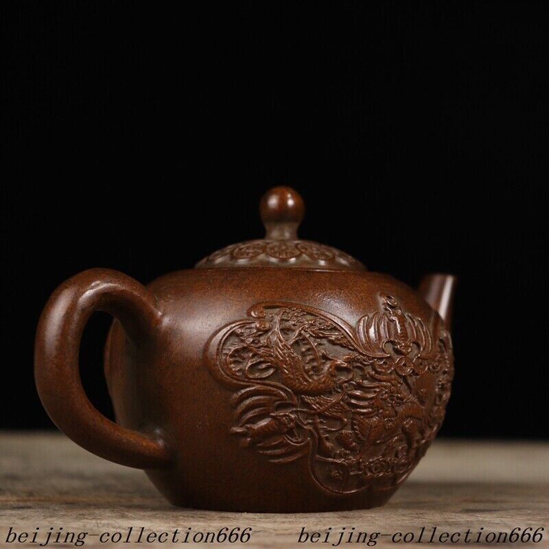5.6" Chinese Ancient Bronze Dragon Phoenix Kirin Bat Tea Makers Tea Pot Statue