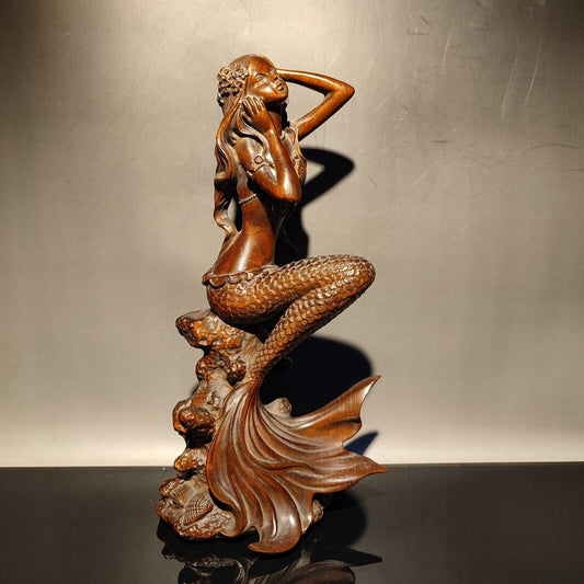 vintage wooden fish carving boxwood women girl statue home decor beautifully art