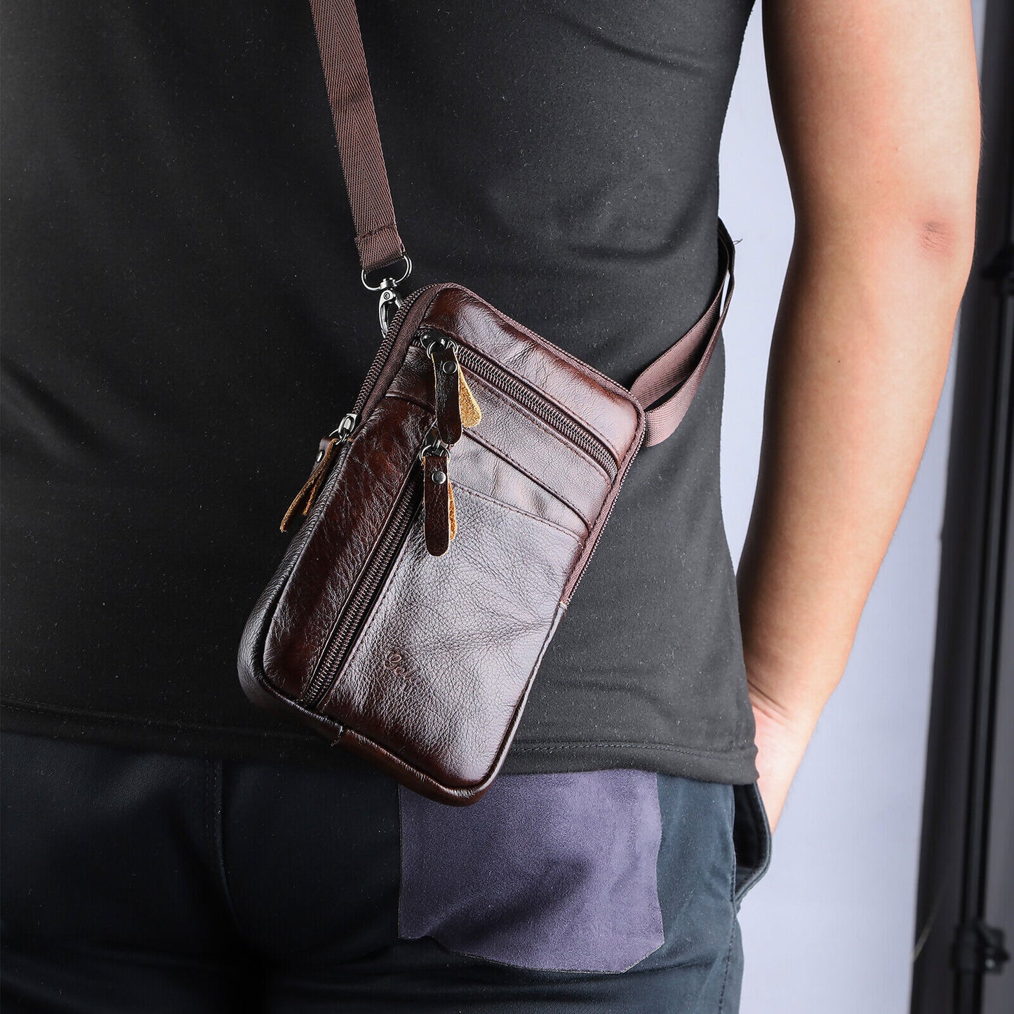 Men Leather Fashion Phone Pouch Belt Bag Shoulder Crossbody Waist Pack Handbag