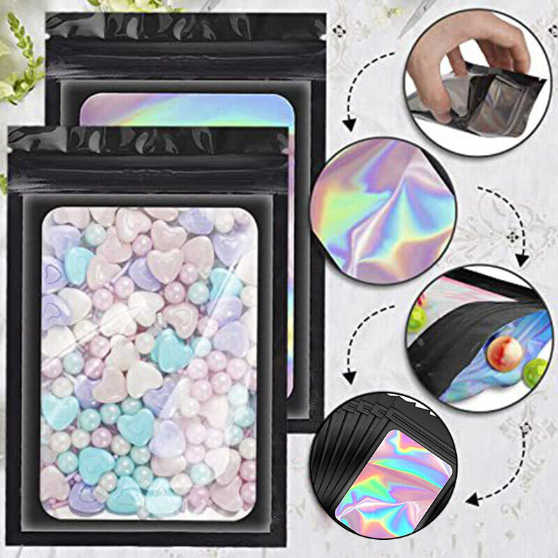 100pcs Smell Proof Mylar Bags Holographic Resealable Packaging Foil Pouch Bag*