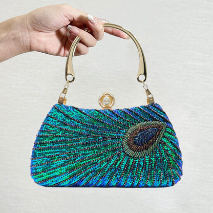 New Vintage Dress Bag Hand Peacock Feather Sequin Bag Prom Evening Bag