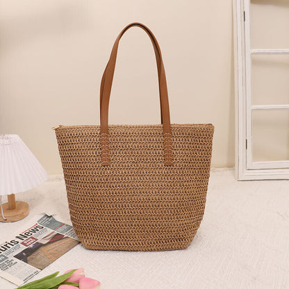 Solid One-shoulder Large Straw Bag Women's Summer Seaside Beach Rattan Bag