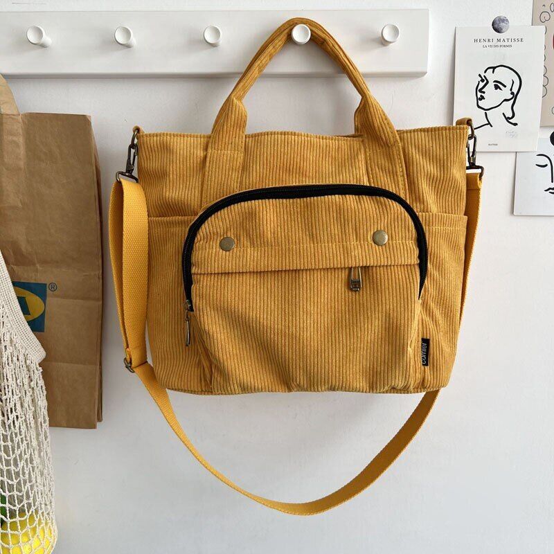 Women Corduroy Shoulder Tote Handbag Canvas Bags Zipper Crossbody Bag