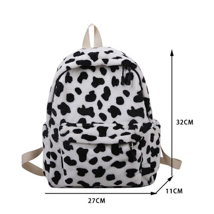 Warm Plush Backpack Teenager School Bag Cow Print Multi-Pocket Travel 37*27*10CM