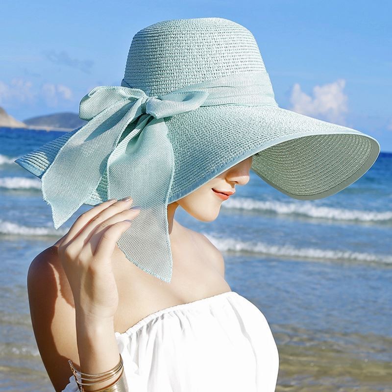 Outdoor Seaside Woman Fashion Big Bow Large Brimmed Cap Foldable Straw Hat