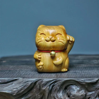 Miniature Wood Carving Lucky Cat Ornaments Office Desk Accessories Decor