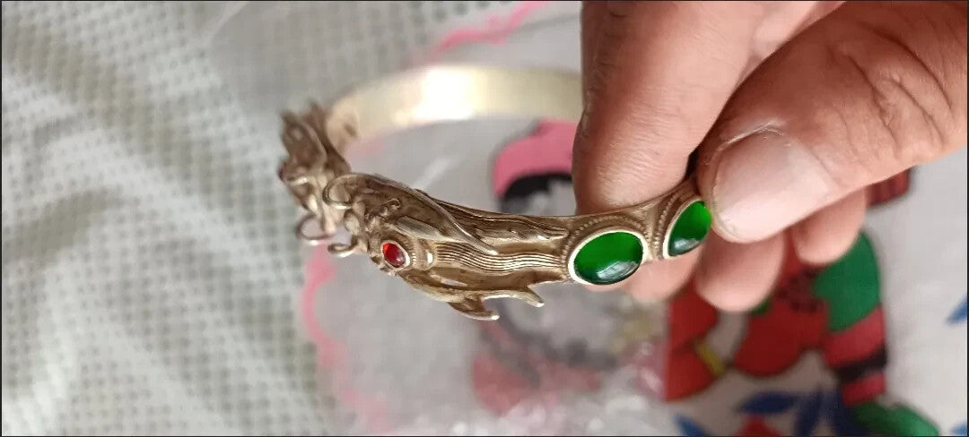 Ancient China Qing Dynasty Antique Dragon Bangle Colect Inlaid Gemstone Bracelet