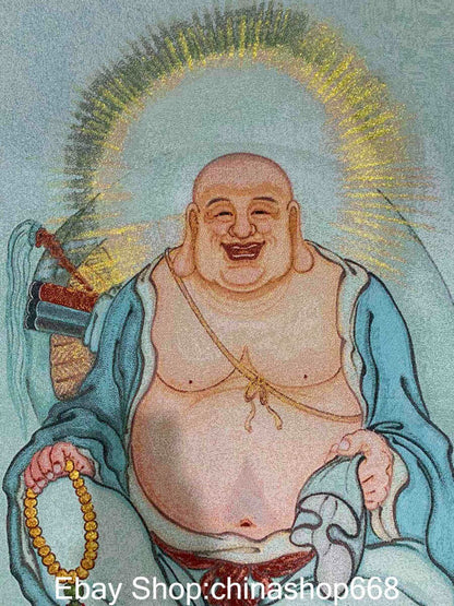 36" Old Chinese Embroidery Silk Cloth Happy Laugh Maitreya Buddha Thangka