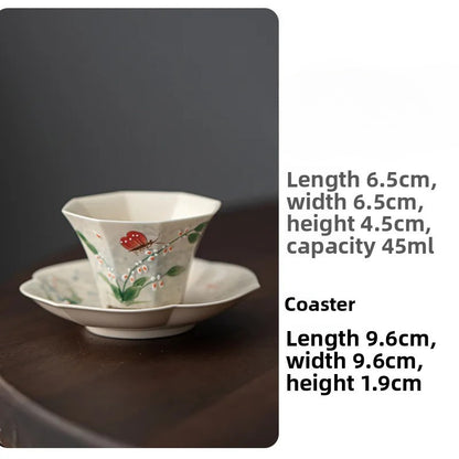 Hand Drawn Orchid Butterfly Octagonal Teacup Tea Bowl Meditation Cup Saucer Kit