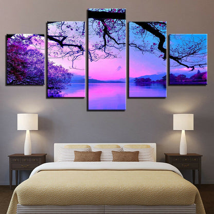 Purple Trees Lake Sunset Nature Landscape Painting 5 Panel Canvas Print Wall Ar