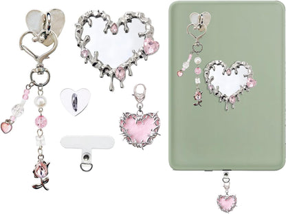 Cute Charms Set for Kindle,Including Y2K Style Heart Grip Holder, Pink Heart Cha