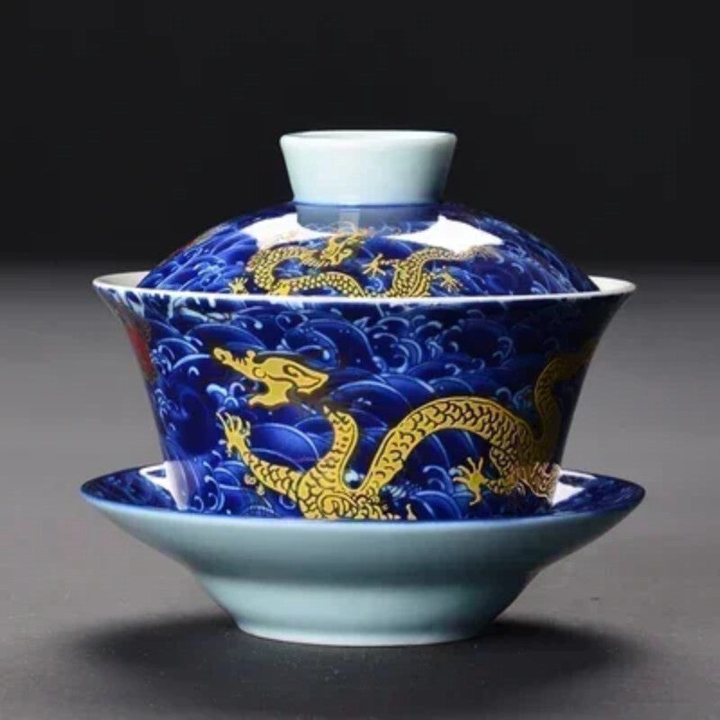 Longjing Sancai Tea Cup Retro Chinese Style Covered Bowl Large Dragon 200ml