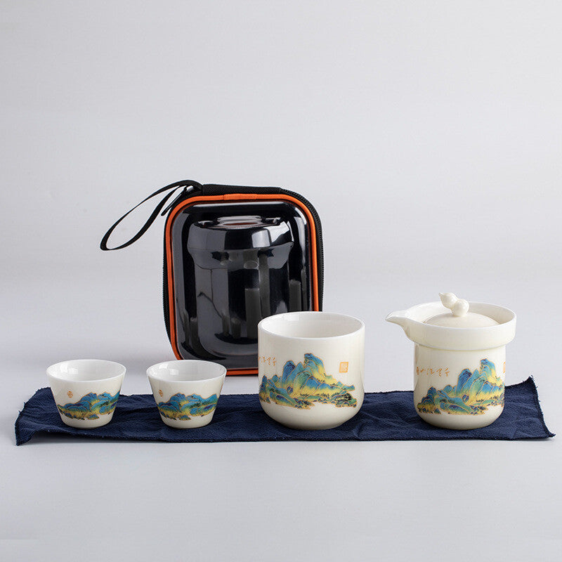 Porcelain Tea Set Pot With Infuser Holes Matching Tea Cup Portable Bag 6pcs/lot