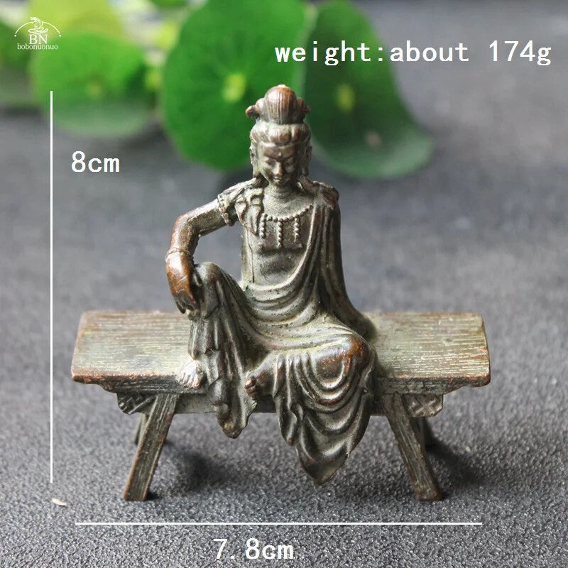 Antique Copper Bench Guanyin Bodhisattva Statue Desktop Ornament Buddha Figurine