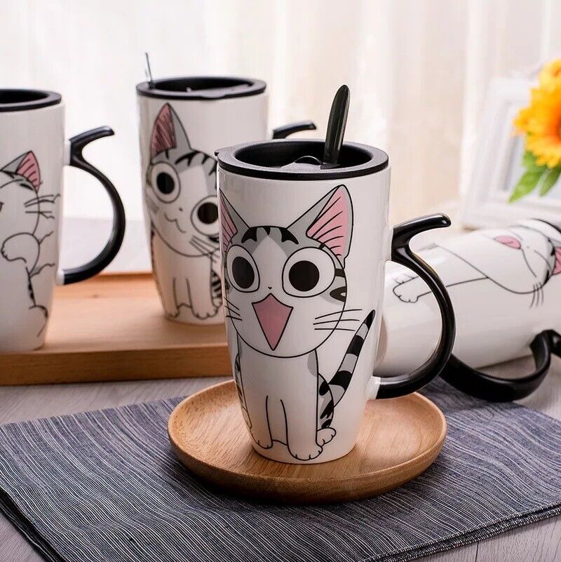 Creative Cat Ceramic Mug With Lid Spoon Cartoon Milk Tea Cup Porcelain Mug Set