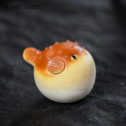5.8cm Tea Pet Handmade Pufferfish Statue Ornaments Sculpture Yixing Purple Clay