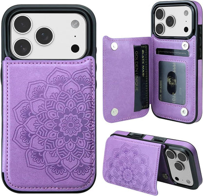 for Iphone 17 Pro Case with Card Holder,Flower Magnetic Buttons Protective Walle
