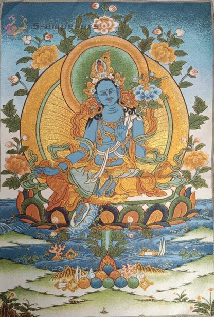 36" Tibet Tibetan Cloth Silk Buddhism Blue Tara Guanyin Tangka Thangka Mural