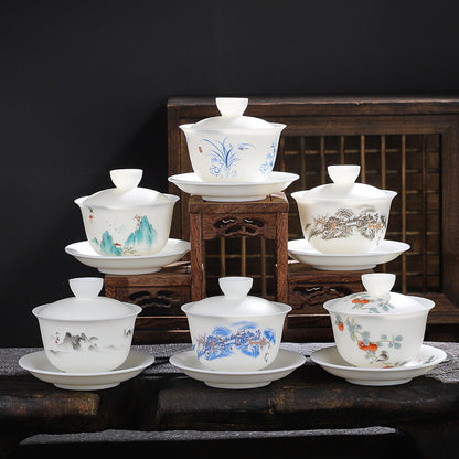 Jade Porcelain Gaiwan Hand Drawing Boutique Tureen Cup Saucer Lid Sancai Bowl