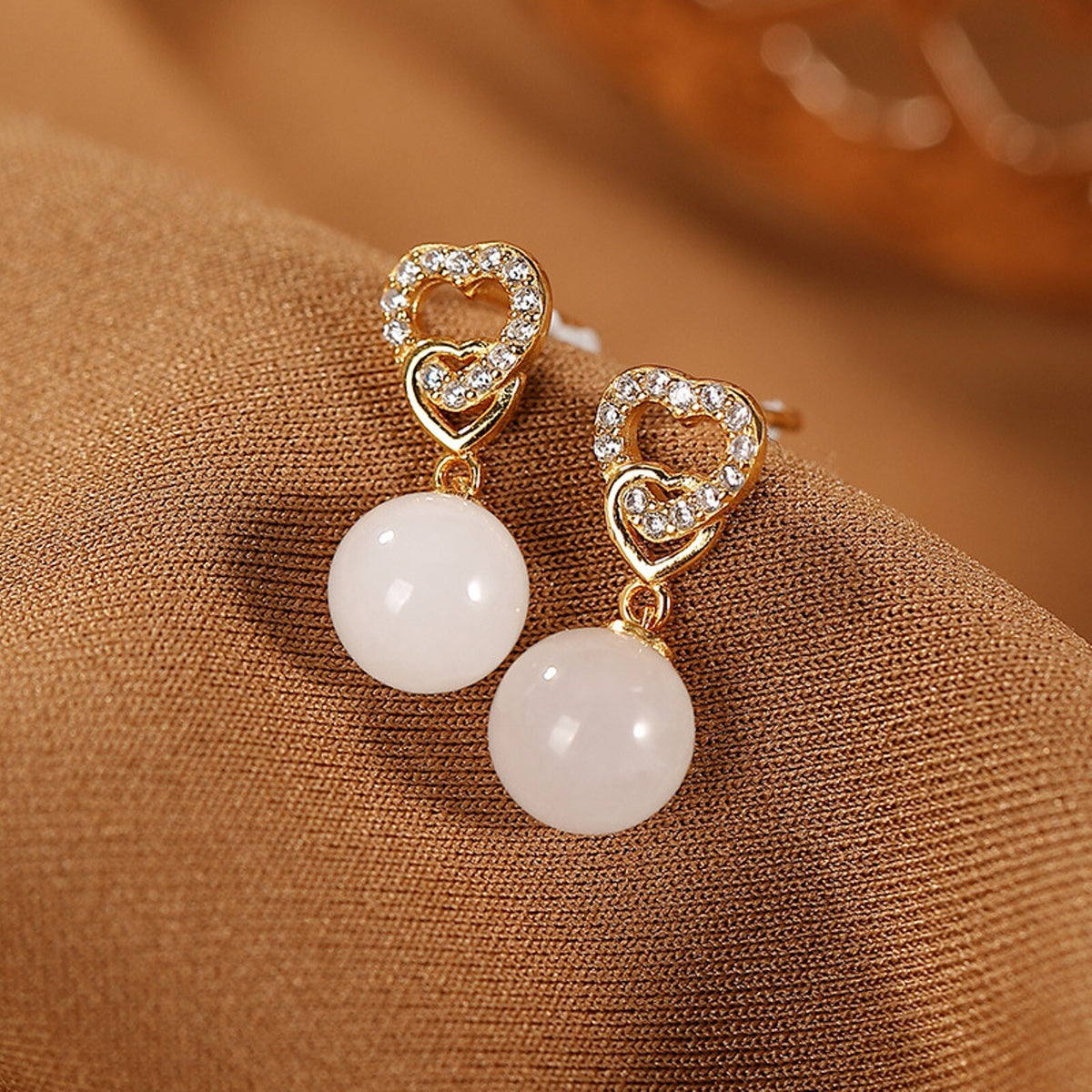 Pure S925 Sterling Silver Stud Nephrite Natural Jade Bead Heart Dangle Earrings