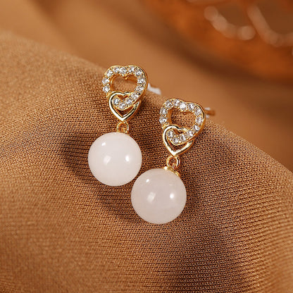 Pure S925 Sterling Silver Stud Nephrite Natural Jade Bead Heart Dangle Earrings