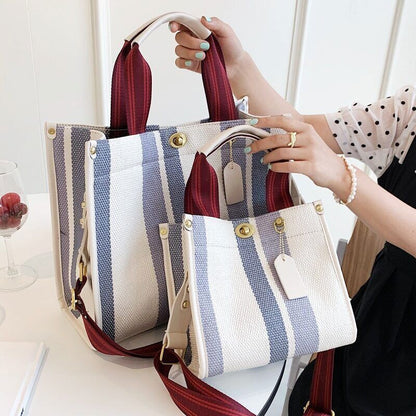 Tote Bag Stripe Canvas Handbag Women Wide Shoulder Bag Female Shoulder Bag