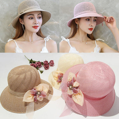 Women's Bow Large Floppy Folding Wide Brim Cap Sun Straw Summer Beach Hat New