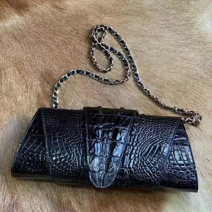 Original CrocodileSkin Leather Luxury Bag, Women's Black Chain bag Shoulder Bag