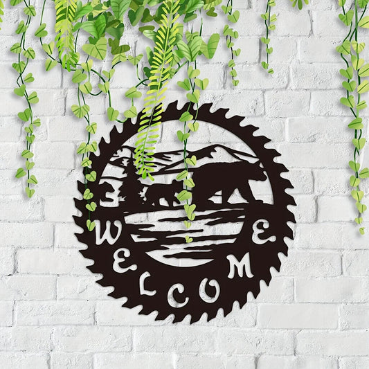 Metal Sign With WELCOME Bear Scene, Metal Wall Decor Statues Home Garden