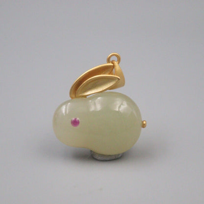 Real S925 Silver Hetian Jade Pendant Women's Charm Small Rabbit Lucky Pendan
