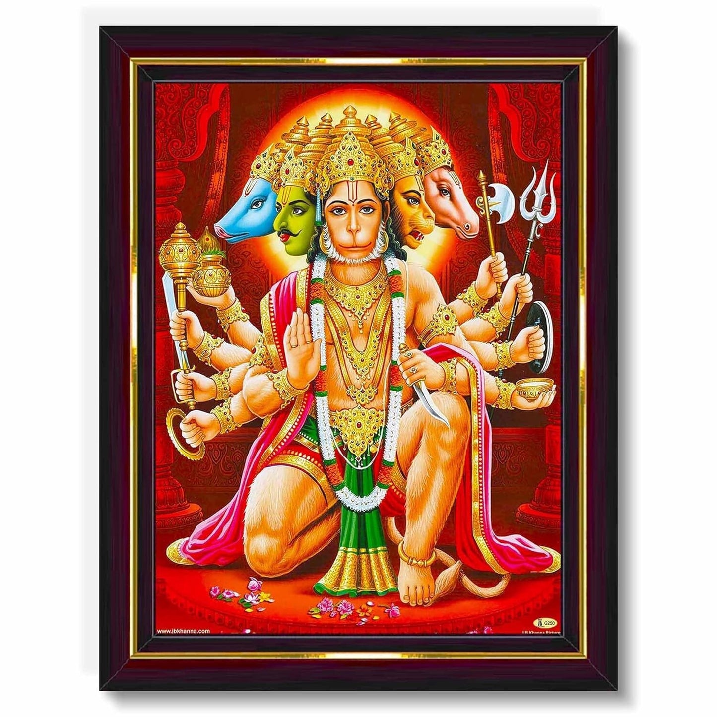 Lord Panchmukhi Hanuman Family HD Printed Religious Picture With Wooden Frame