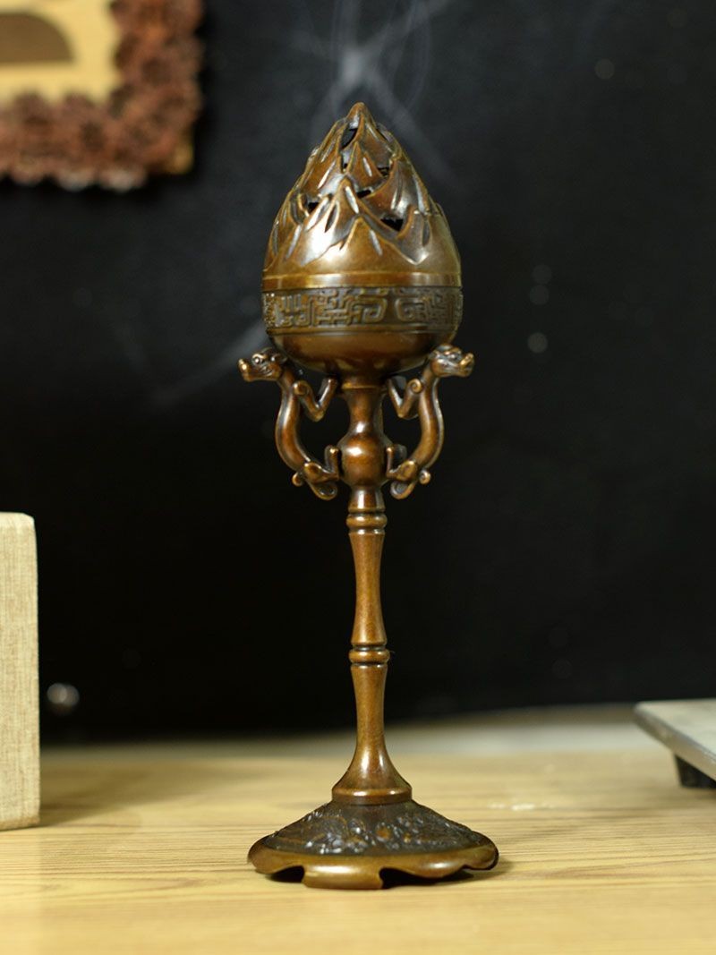 Pure Copper Dragon Phoenix Boshan Incense Burner 23x5.5cm Antique Censer 450g