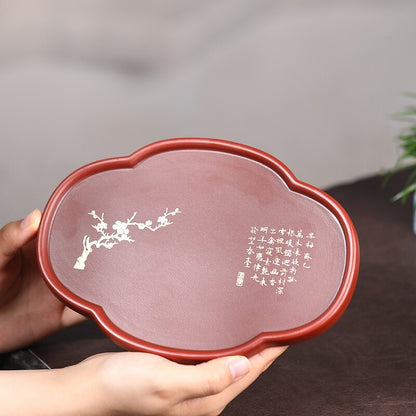 True Yixing Zisha Tea Tray Dahongpao Clay Handmade Drawings Tea Plate For Pot