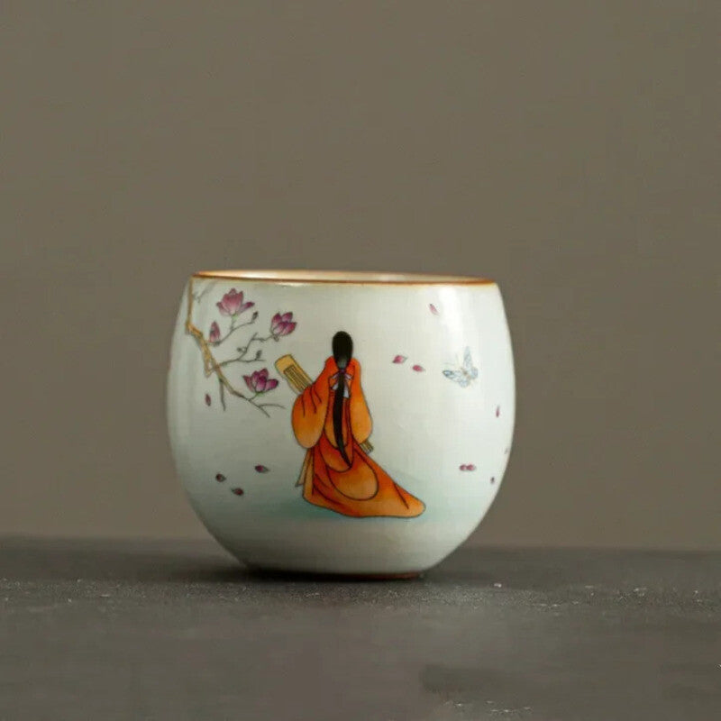 Ru Kiln Ceramic Teacup Lotus Pattern Coffee Cup Portable Handmade Tea Set