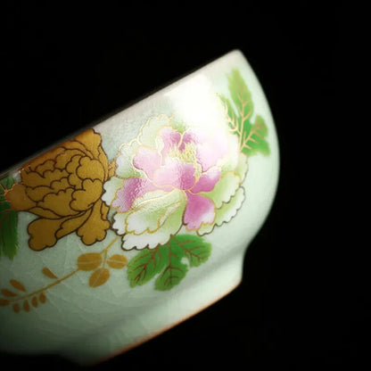 Ru Kiln Tea Cup Handmade Ceramic Cup Flowers Pattern Travel Tea Set Teacups