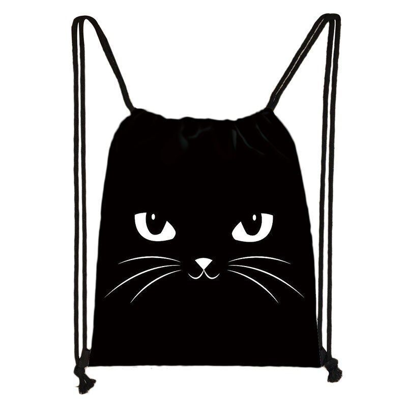 Black Cat Drawstring Bag Women Shopping Purse Canvas Travelling Bag Backpack 1PC