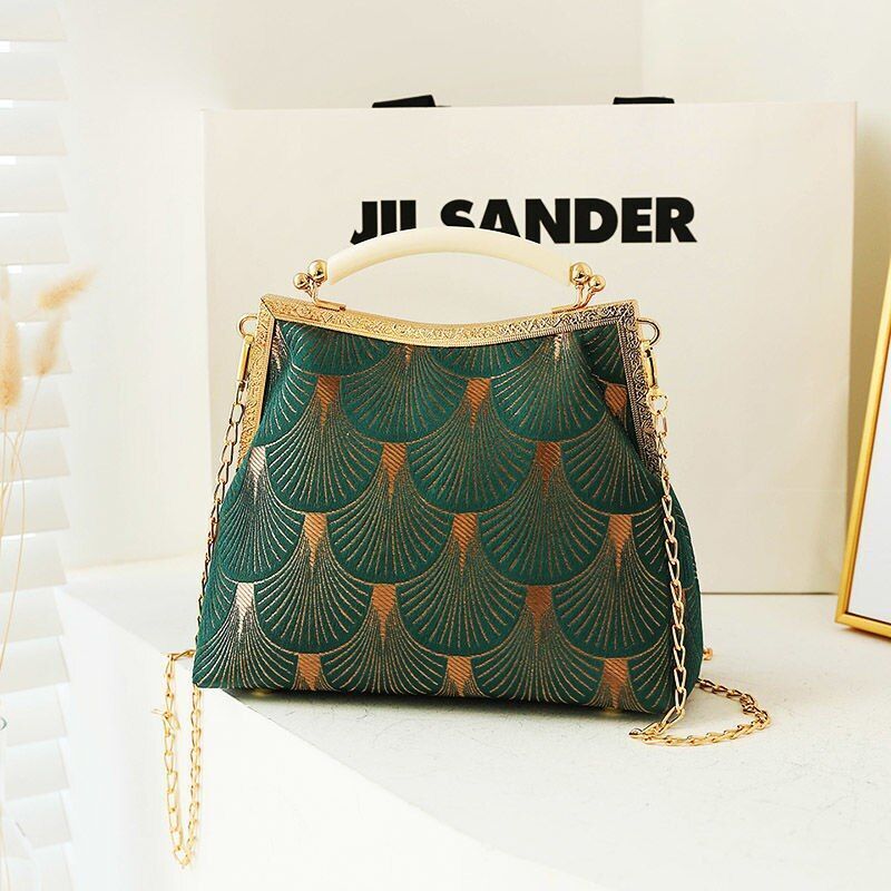 Vintage Green Fashion Bags Shell Lock Tote Handbags Purses 120 CM Chain Strap