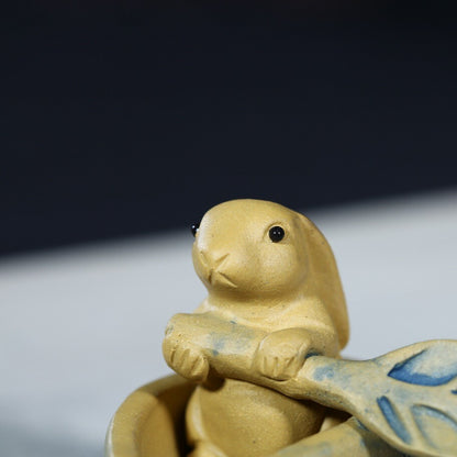 Handmade Craft Artware Zisha Tea Pet Rabbit On Boat Small Size Table Decoration